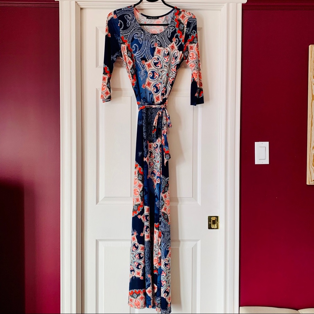 Janette Fashion Navy & Peach Paisley Graphic Print MaxiDress